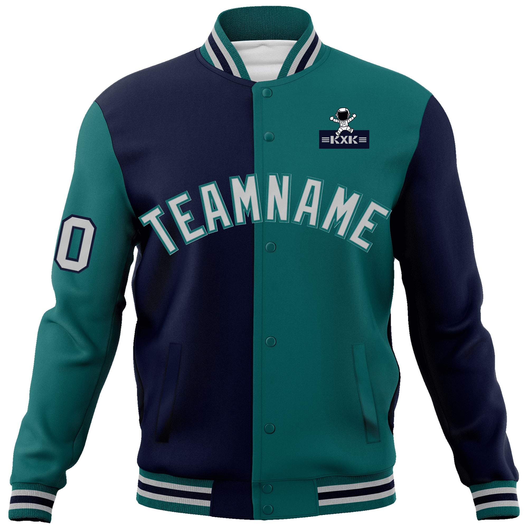 Custom Navy Aqua Two Tone Split Fashion Varsity Letterman Jacket with Raglan Sleeves