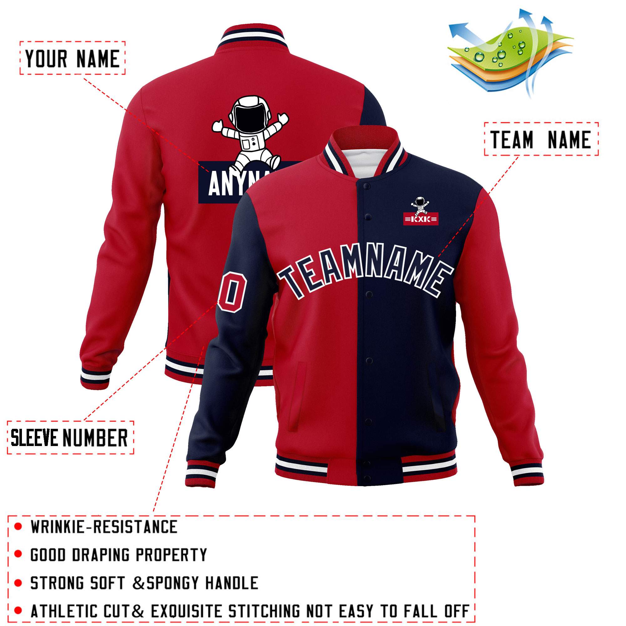 Custom Red Navy Two Tone Split Fashion Varsity Letterman Jacket with Raglan Sleeves