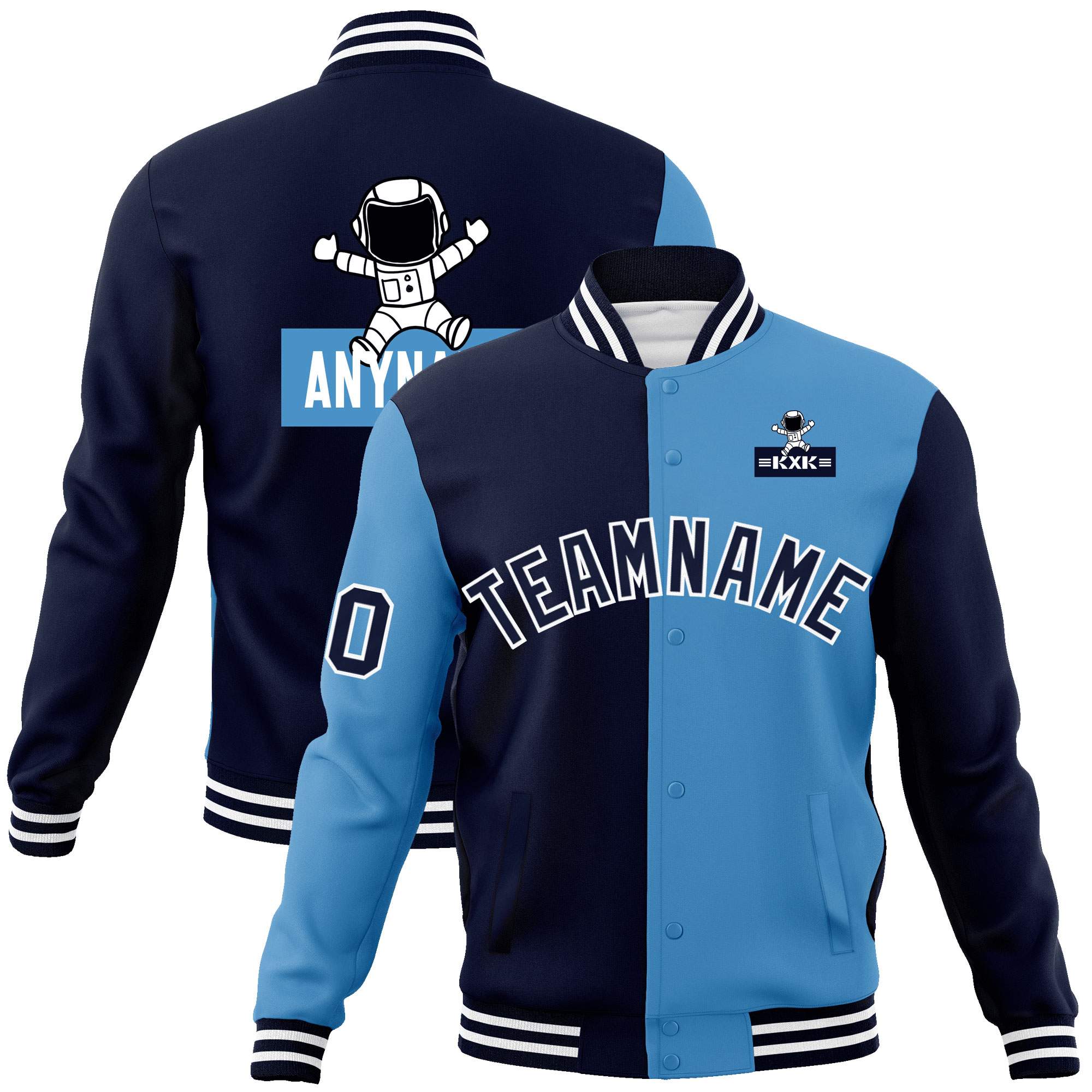 Custom Navy Light Blue Two Tone Split Fashion Varsity Letterman Jacket with Raglan Sleeves