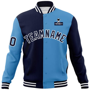 Custom Navy Light Blue Two Tone Split Fashion Varsity Letterman Jacket with Raglan Sleeves