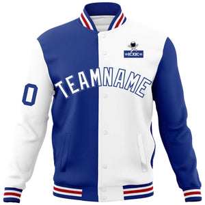 Custom Royal White Two Tone Split Fashion Varsity Letterman Jacket with Raglan Sleeves