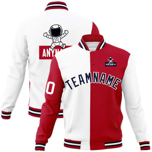 Custom White Red Two Tone Split Fashion Varsity Letterman Jacket with Raglan Sleeves