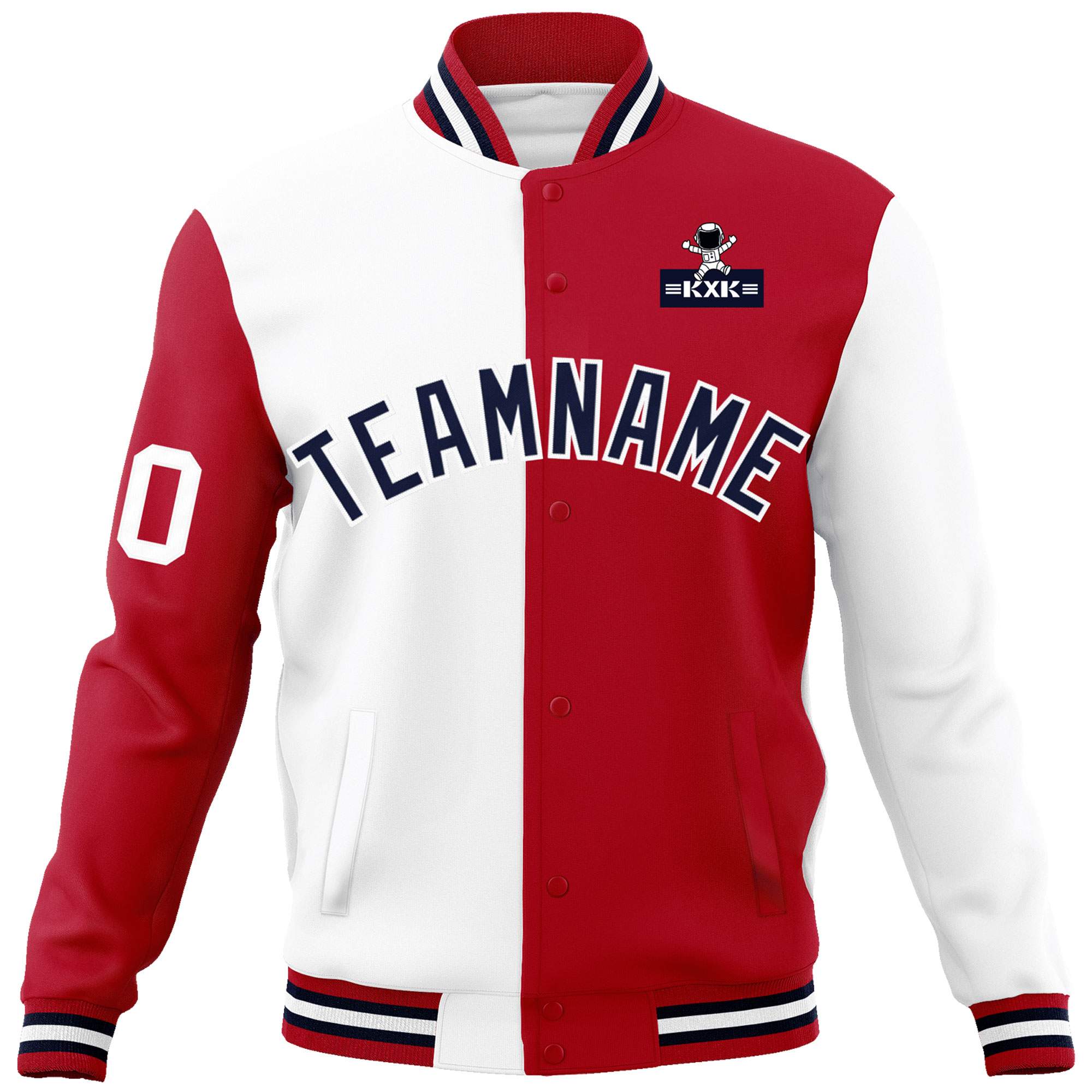 Custom White Red Two Tone Split Fashion Varsity Letterman Jacket with Raglan Sleeves