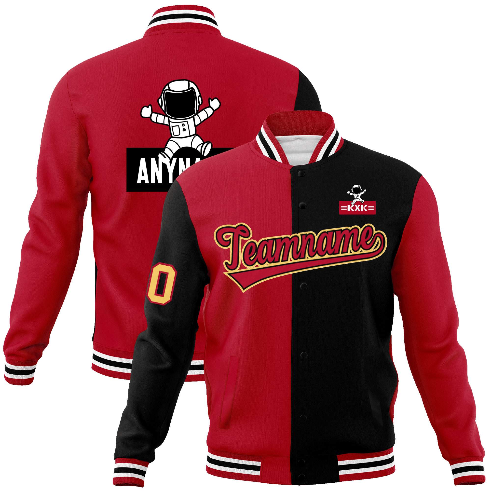 Custom Red Black Two Tone Split Fashion Varsity Letterman Jacket with Raglan Sleeves