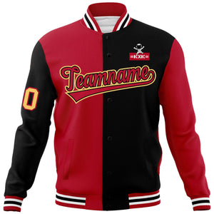 Custom Red Black Two Tone Split Fashion Varsity Letterman Jacket with Raglan Sleeves