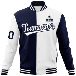 Custom Navy White Two Tone Split Fashion Varsity Letterman Jacket with Raglan Sleeves