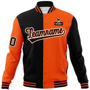 Custom Black Orange Two Tone Split Fashion Varsity Letterman Jacket with Raglan Sleeves