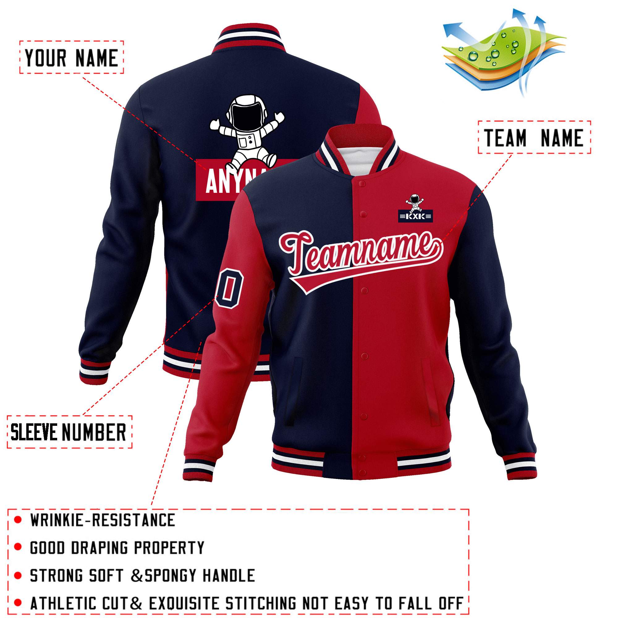 Custom Navy Red Two Tone Split Fashion Varsity Letterman Jacket with Raglan Sleeves