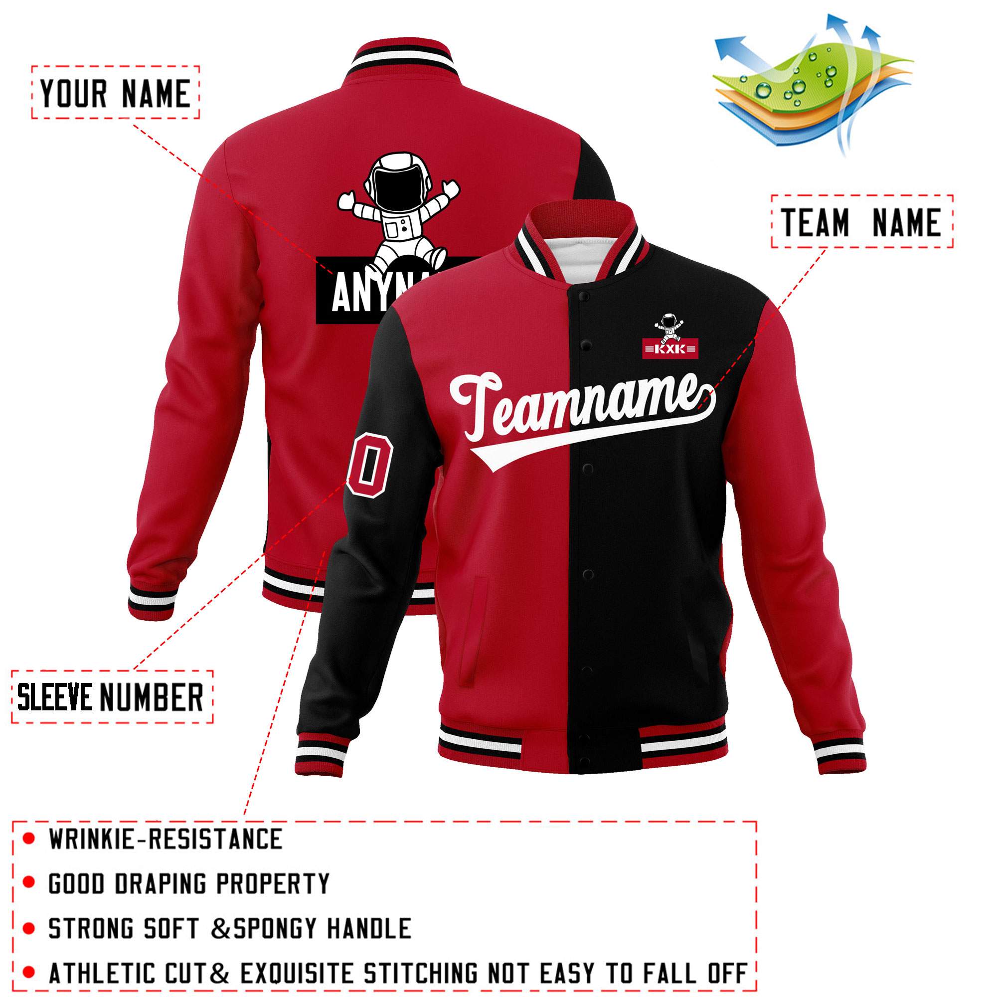 Custom Red Black Two Tone Split Fashion Varsity Letterman Jacket with Raglan Sleeves