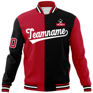 Custom Red Black Two Tone Split Fashion Varsity Letterman Jacket with Raglan Sleeves