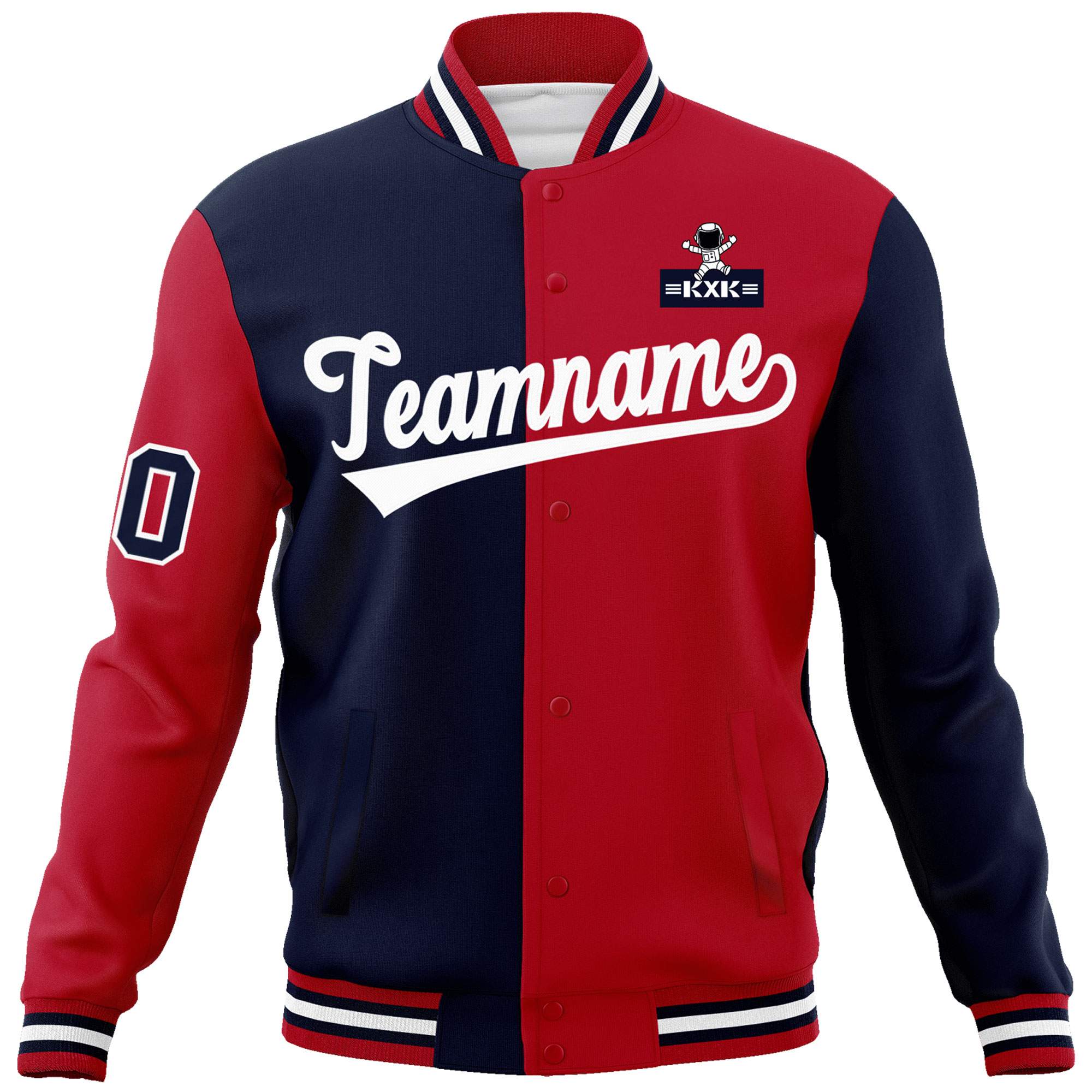 Custom Navy Red Two Tone Split Fashion Varsity Letterman Jacket with Raglan Sleeves