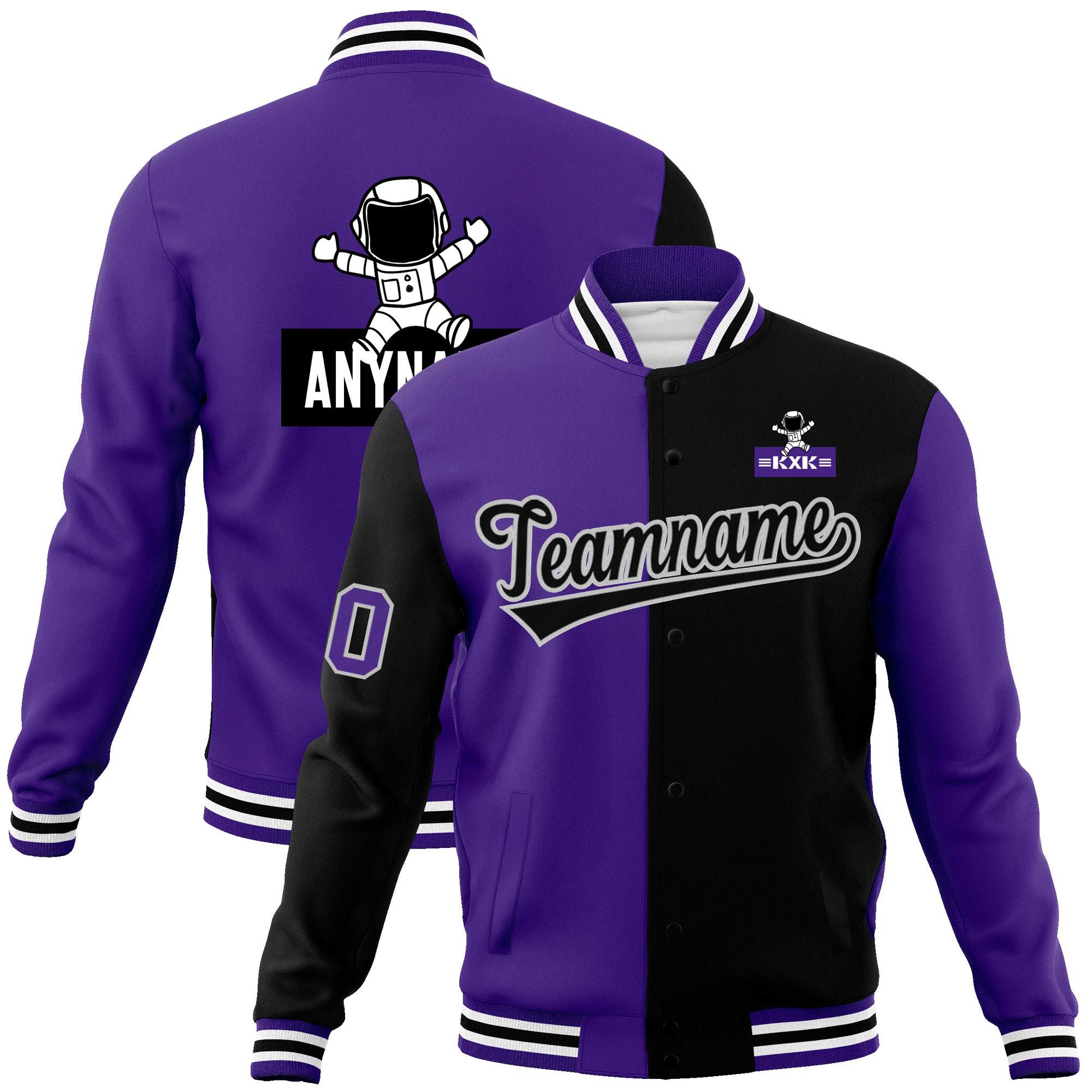 Custom Purple Black Two Tone Split Fashion Varsity Letterman Jacket with Raglan Sleeves