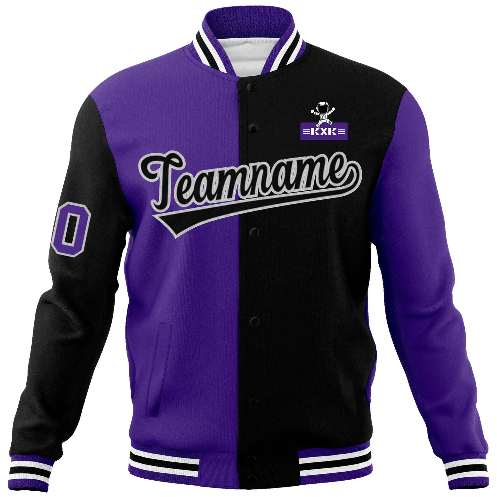 Custom Purple Black Two Tone Split Fashion Varsity Letterman Jacket with Raglan Sleeves