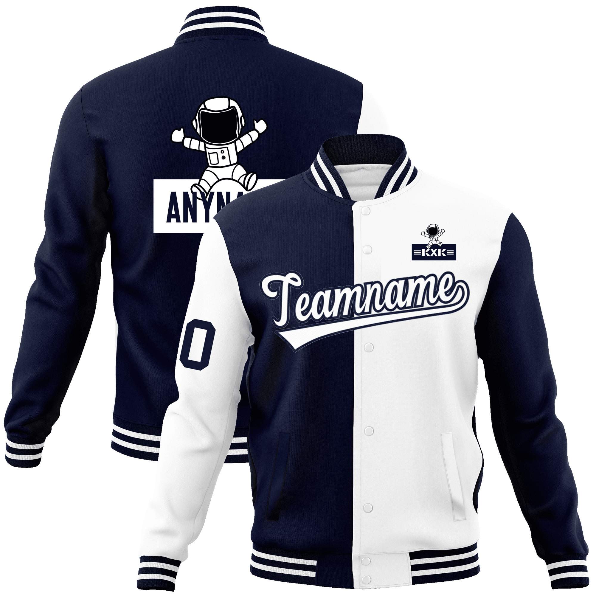 Custom Navy White Two Tone Split Fashion Varsity Letterman Jacket with Raglan Sleeves