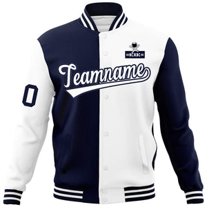 Custom Navy White Two Tone Split Fashion Varsity Letterman Jacket with Raglan Sleeves