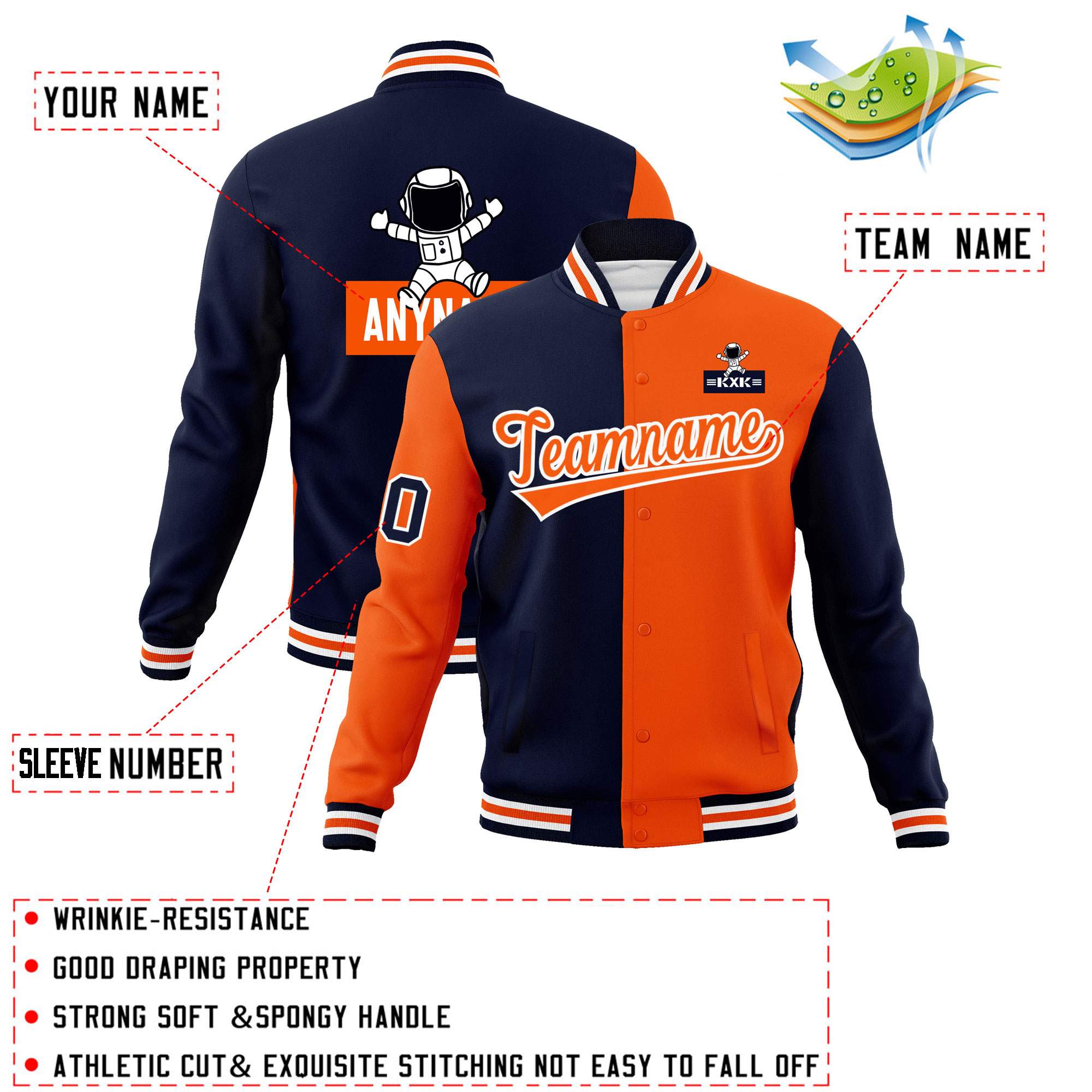 Custom Navy Orange Two Tone Split Fashion Varsity Letterman Jacket with Raglan Sleeves