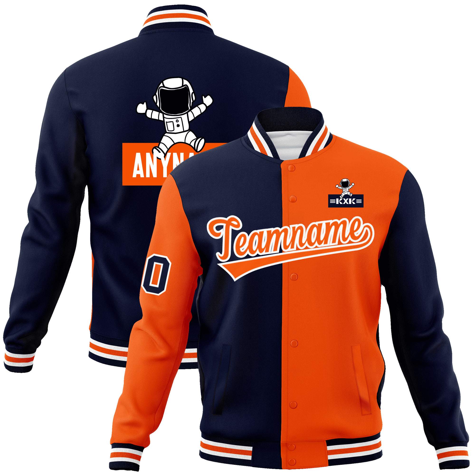 Custom Navy Orange Two Tone Split Fashion Varsity Letterman Jacket with Raglan Sleeves