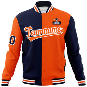 Custom Navy Orange Two Tone Split Fashion Varsity Letterman Jacket with Raglan Sleeves