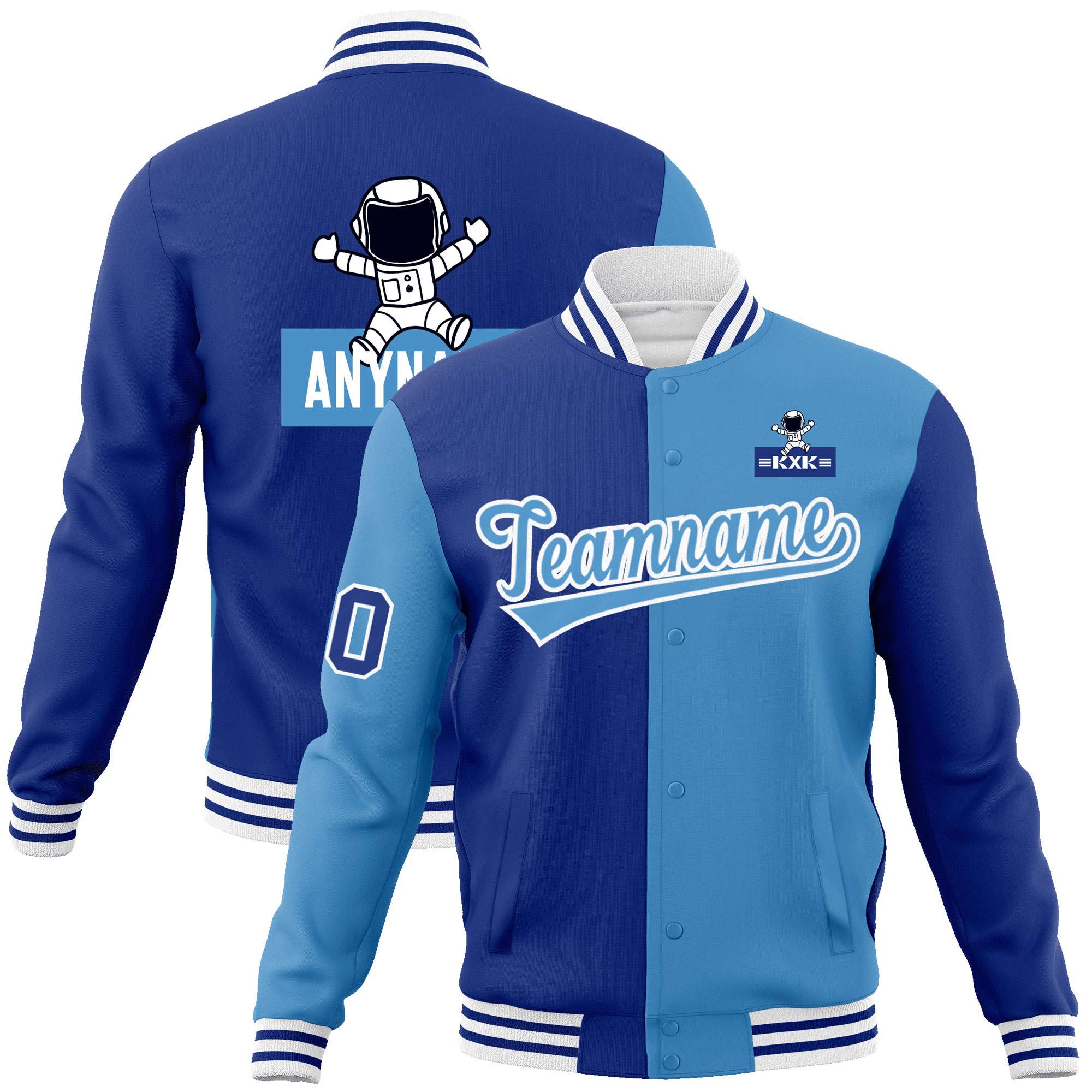 Custom Royal Light Blue Two Tone Split Fashion Varsity Letterman Jacket with Raglan Sleeves