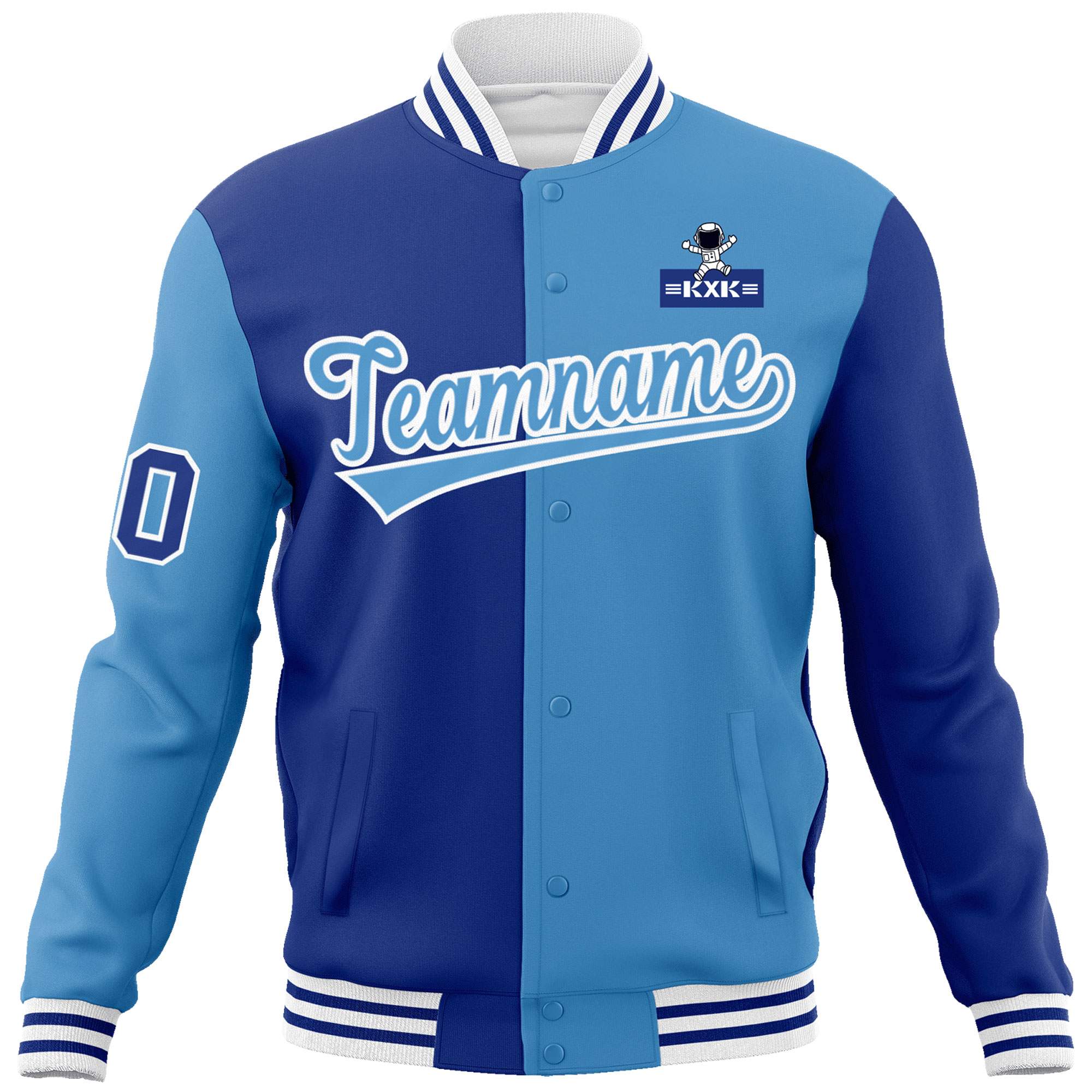 Custom Royal Light Blue Two Tone Split Fashion Varsity Letterman Jacket with Raglan Sleeves