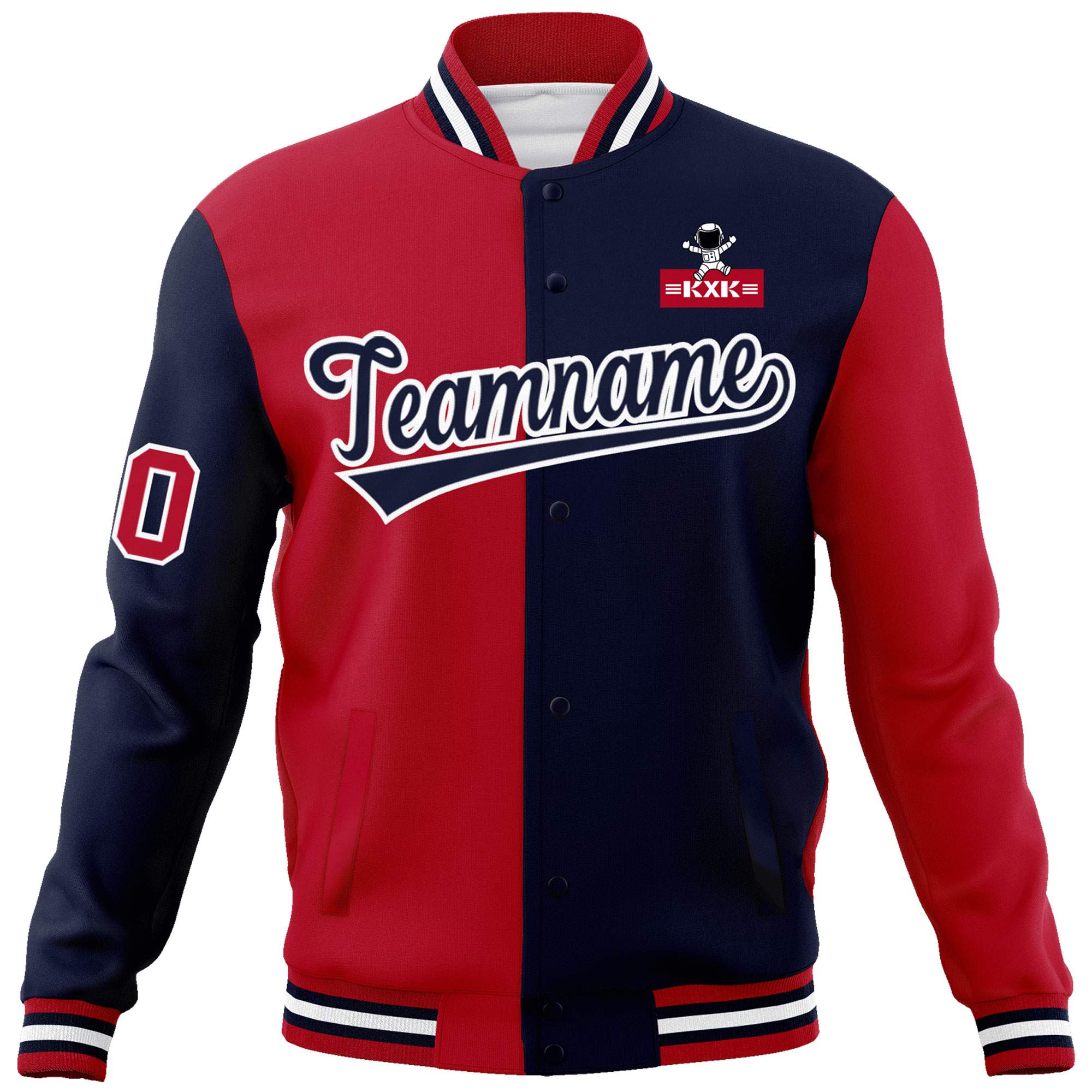 Custom Red Navy Two Tone Split Fashion Varsity Letterman Jacket with Raglan Sleeves