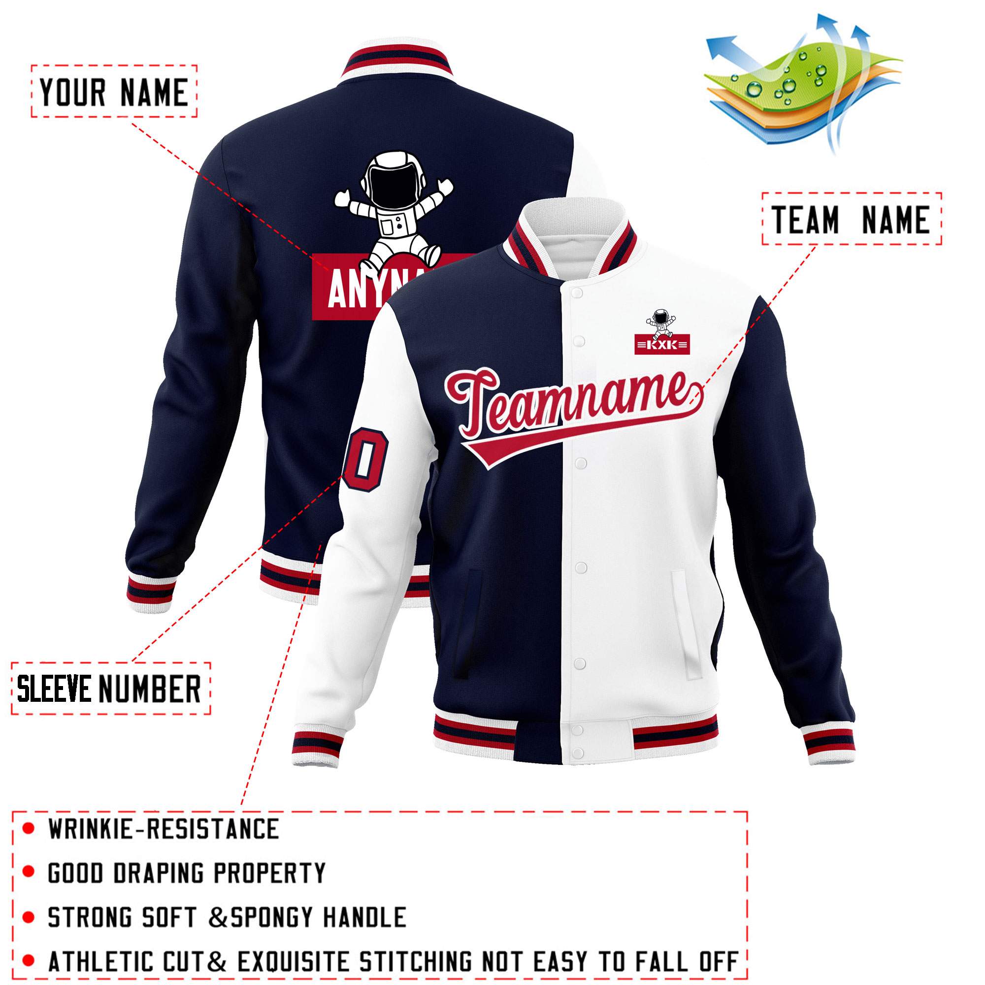 Custom Navy White Two Tone Split Fashion Varsity Letterman Jacket with Raglan Sleeves