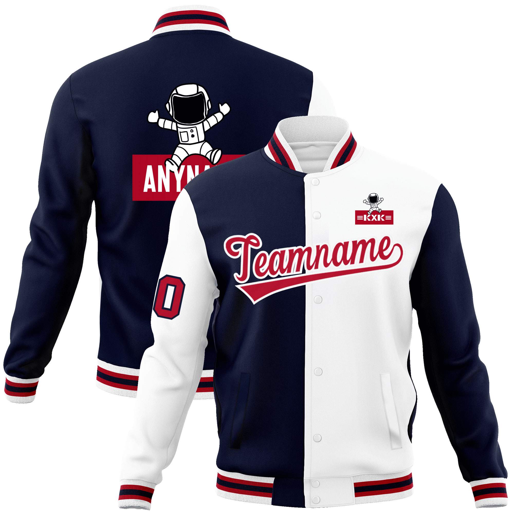 Custom Navy White Two Tone Split Fashion Varsity Letterman Jacket with Raglan Sleeves