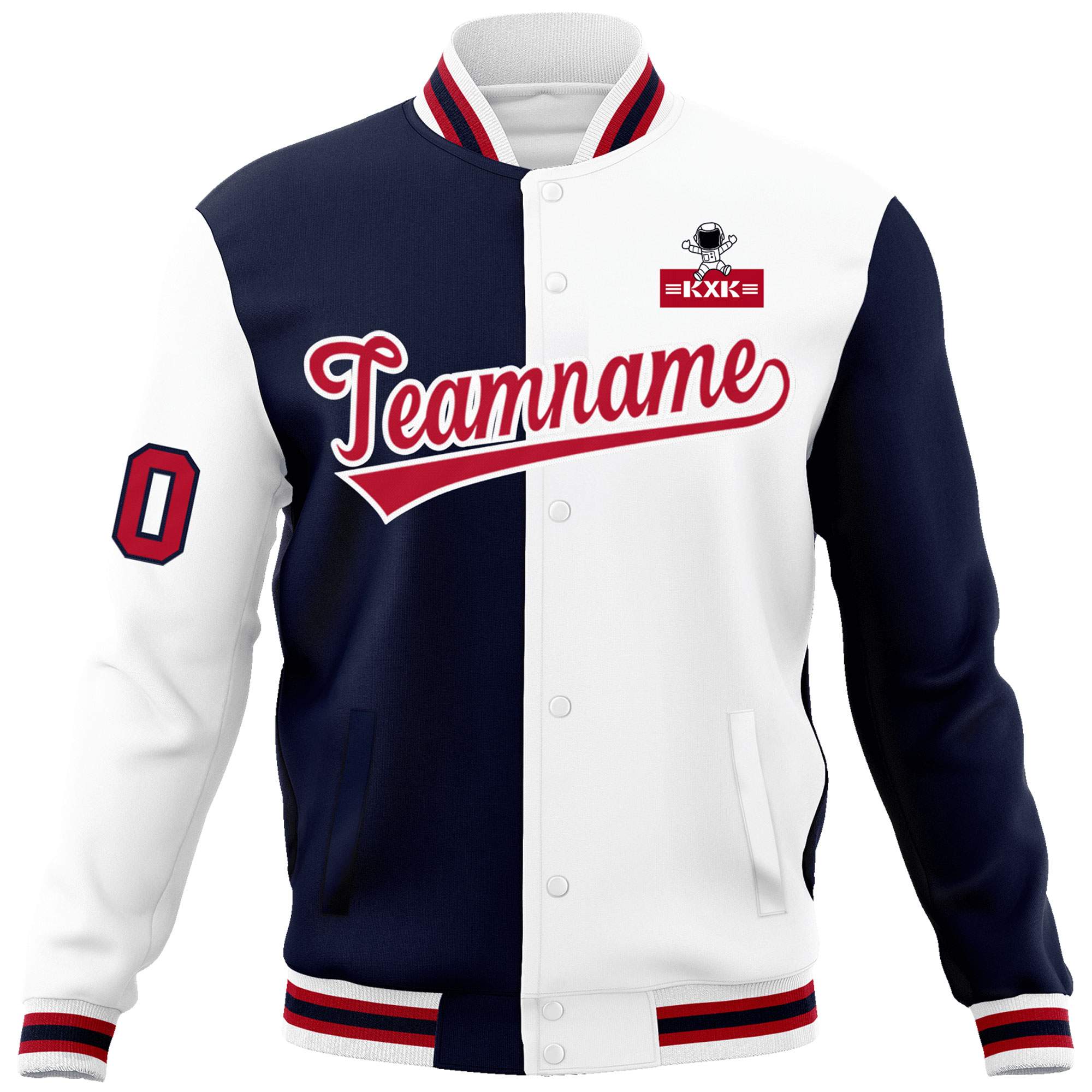 Custom Navy White Two Tone Split Fashion Varsity Letterman Jacket with Raglan Sleeves