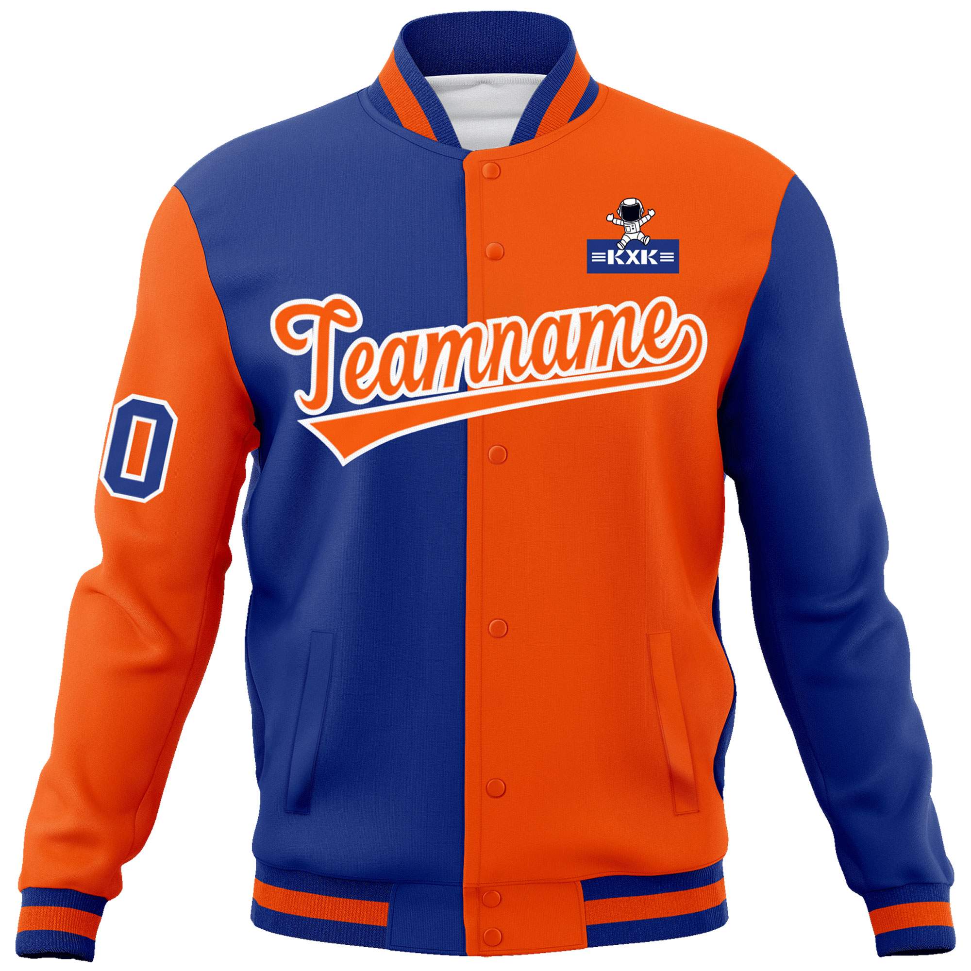 Custom Royal Orange Two Tone Split Fashion Varsity Letterman Jacket with Raglan Sleeves