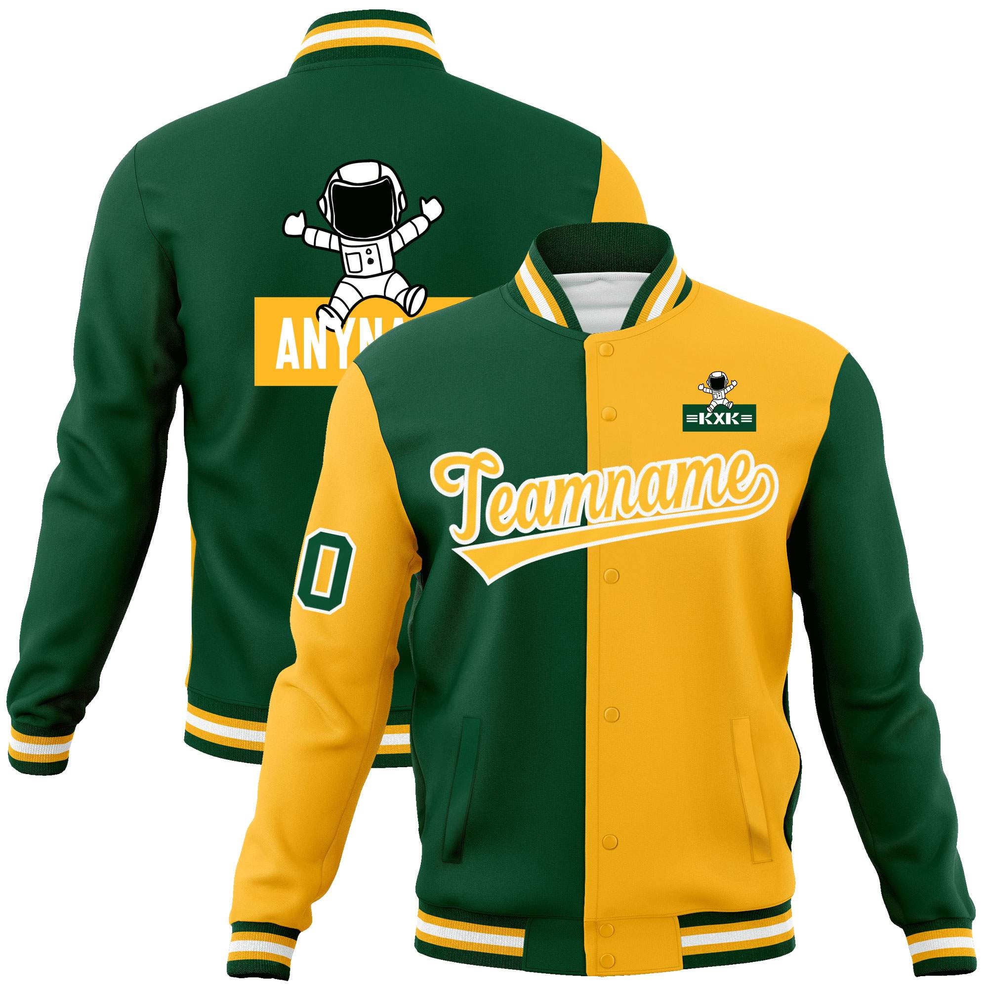 Custom Green Gold Two Tone Split Fashion Varsity Letterman Jacket with Raglan Sleeves