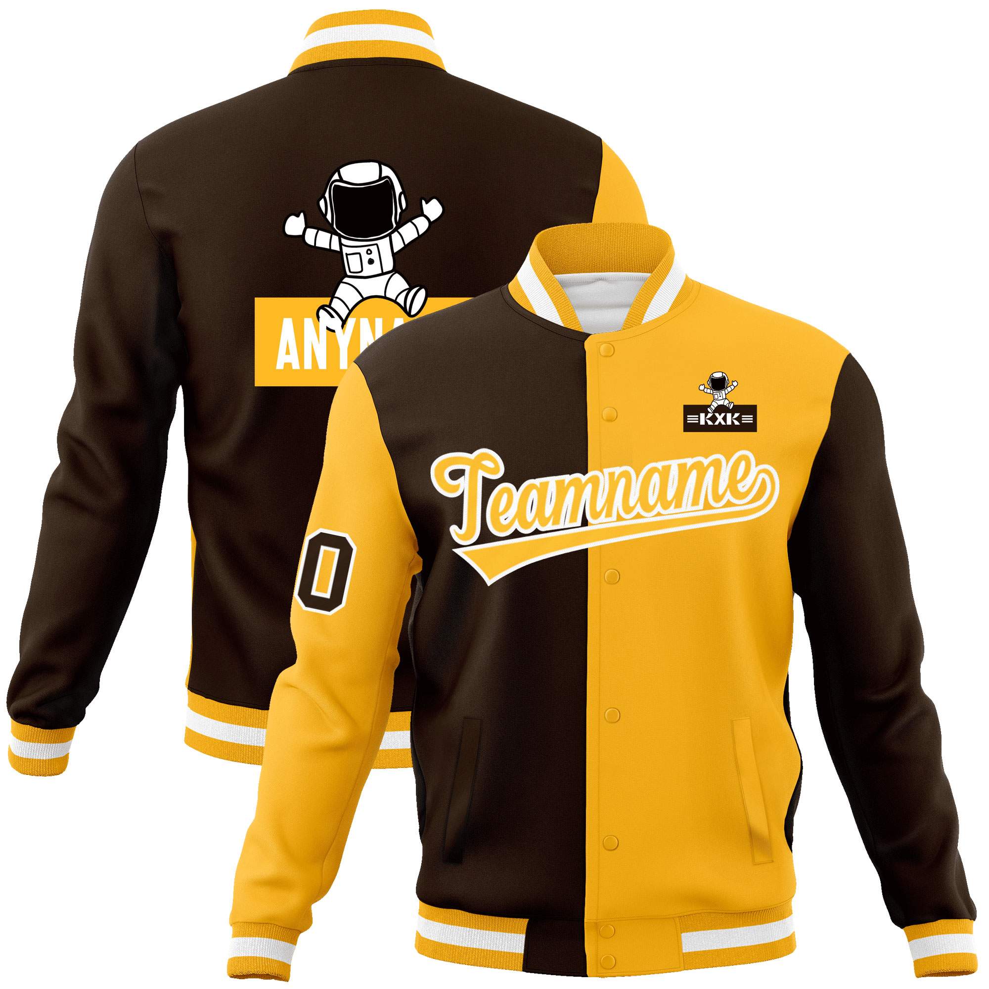 Custom Brown Gold Two Tone Split Fashion Varsity Letterman Jacket with Raglan Sleeves