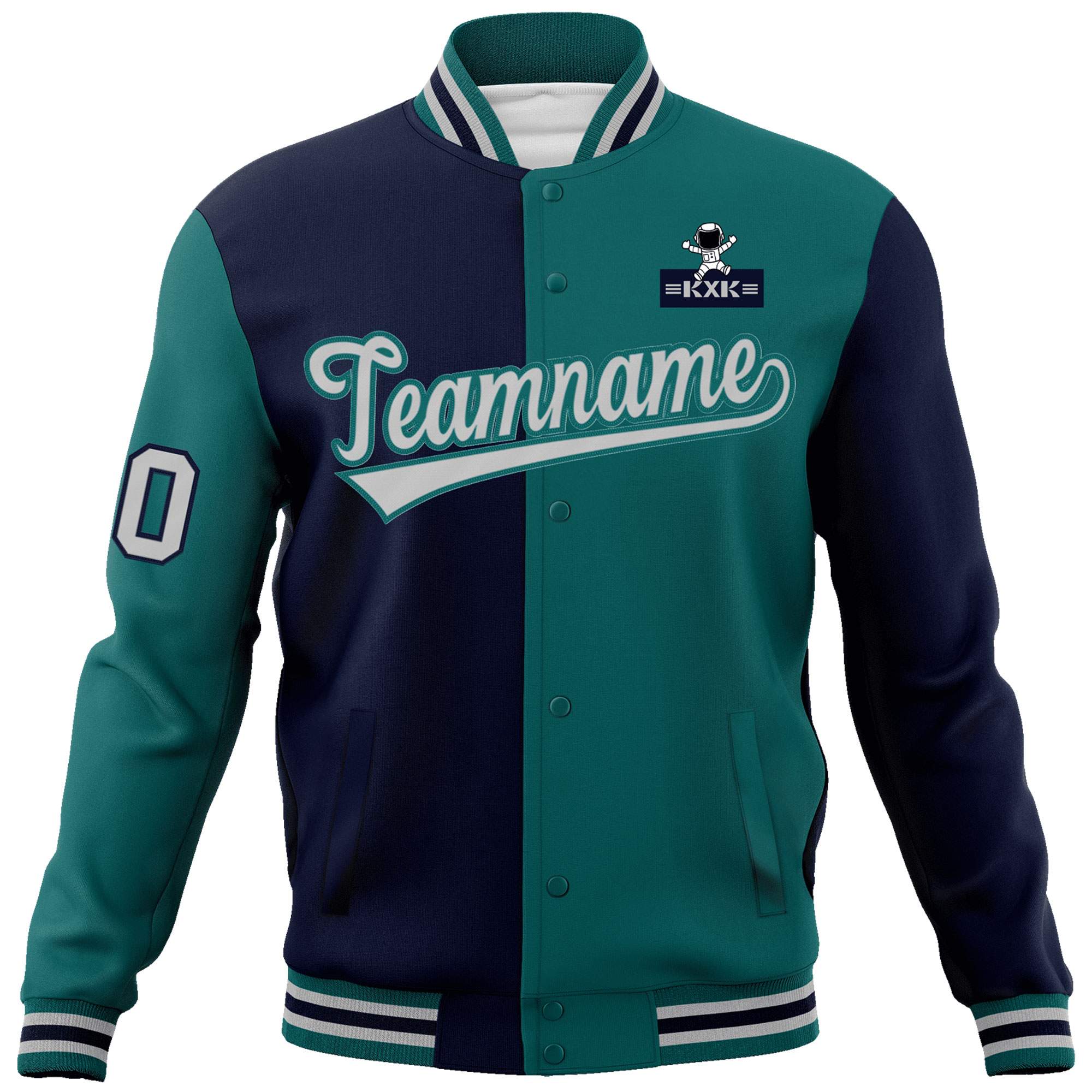 Custom Navy Aqua Two Tone Split Fashion Varsity Letterman Jacket with Raglan Sleeves