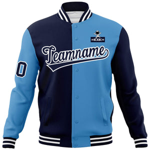 Custom Navy Light Blue Two Tone Split Fashion Varsity Letterman Jacket with Raglan Sleeves