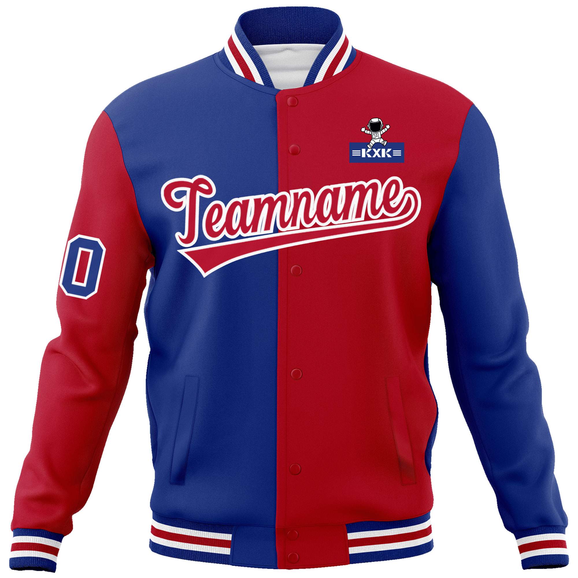 Custom Royal Red Two Tone Split Fashion Varsity Letterman Jacket with Raglan Sleeves