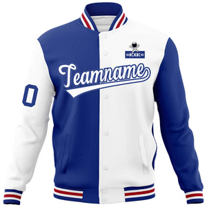 Custom Royal White Two Tone Split Fashion Varsity Letterman Jacket with Raglan Sleeves