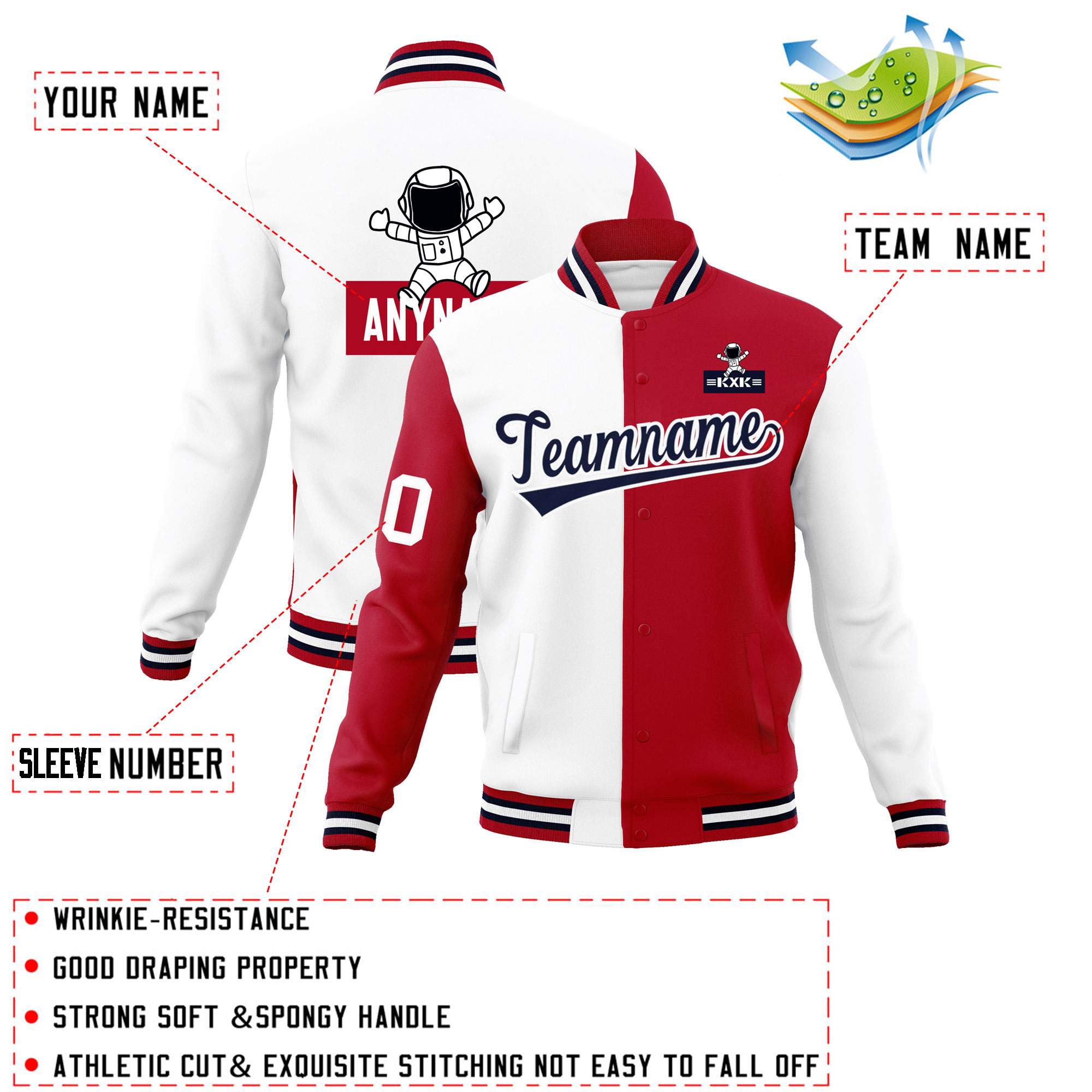 Custom White Red Two Tone Split Fashion Varsity Letterman Jacket with Raglan Sleeves