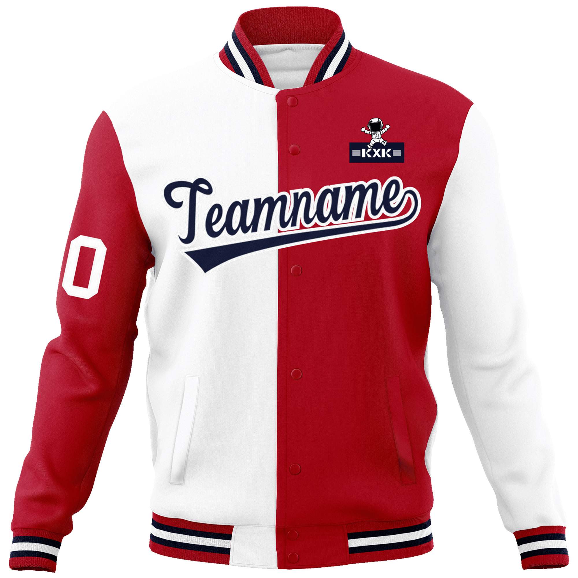 Custom White Red Two Tone Split Fashion Varsity Letterman Jacket with Raglan Sleeves