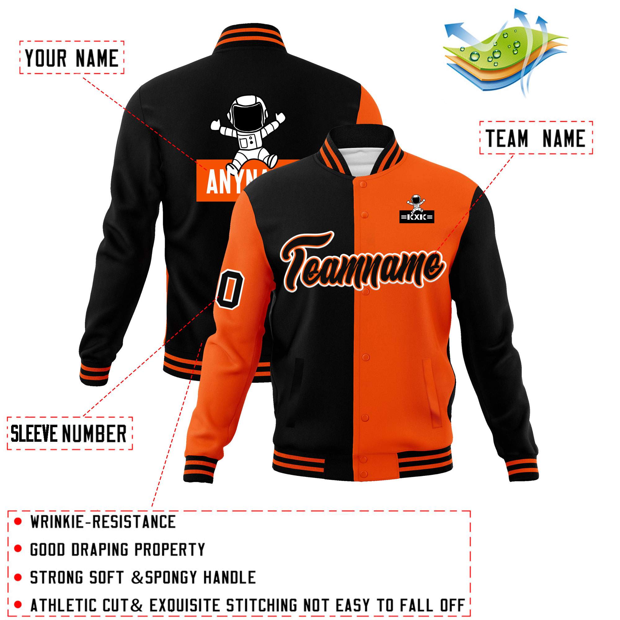 Custom Black Orange Two Tone Split Fashion Varsity Letterman Jacket with Raglan Sleeves