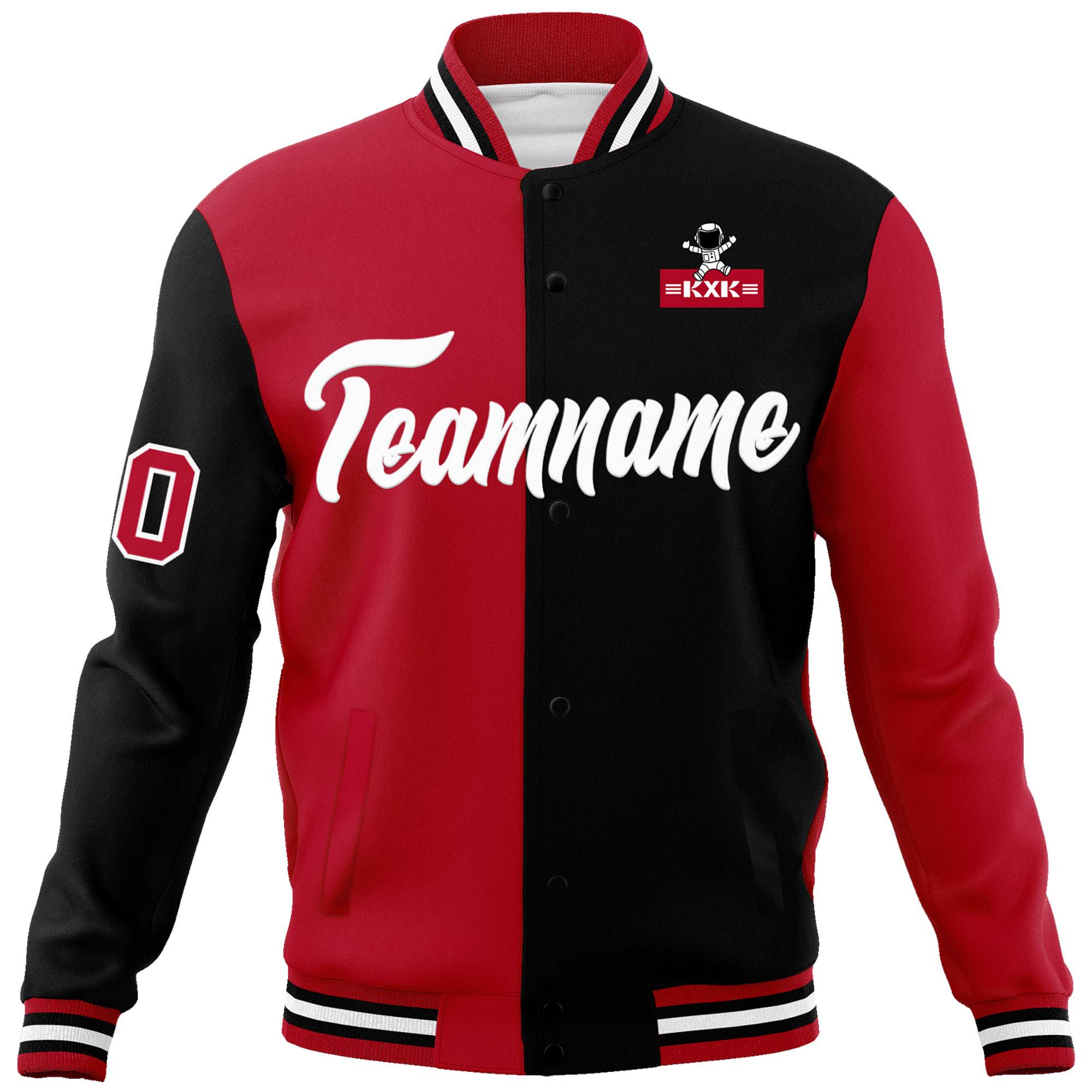 Custom Red Black Two Tone Split Fashion Varsity Letterman Jacket with Raglan Sleeves