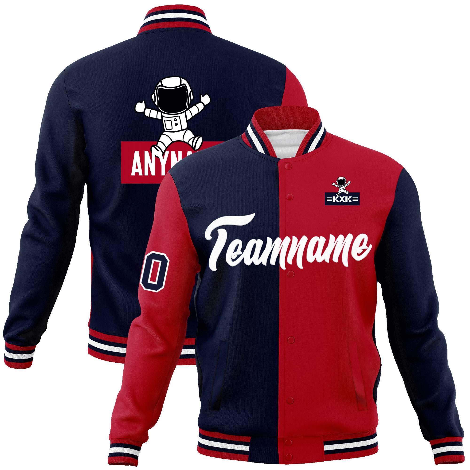 Custom Navy Red Two Tone Split Fashion Varsity Letterman Jacket with Raglan Sleeves