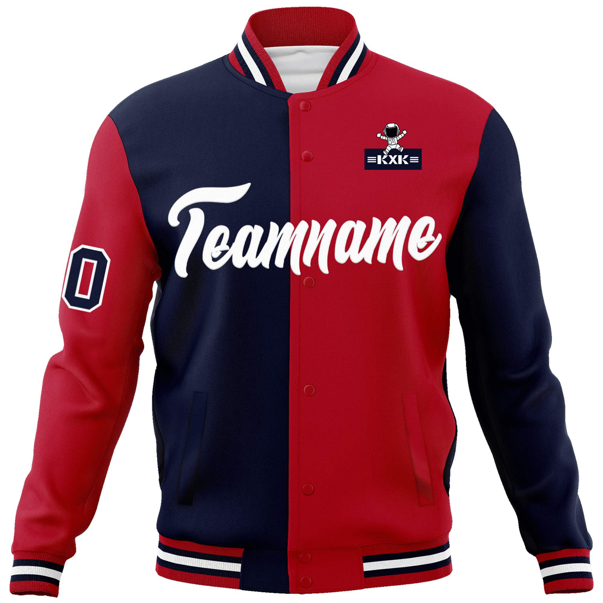 Custom Navy Red Two Tone Split Fashion Varsity Letterman Jacket with Raglan Sleeves