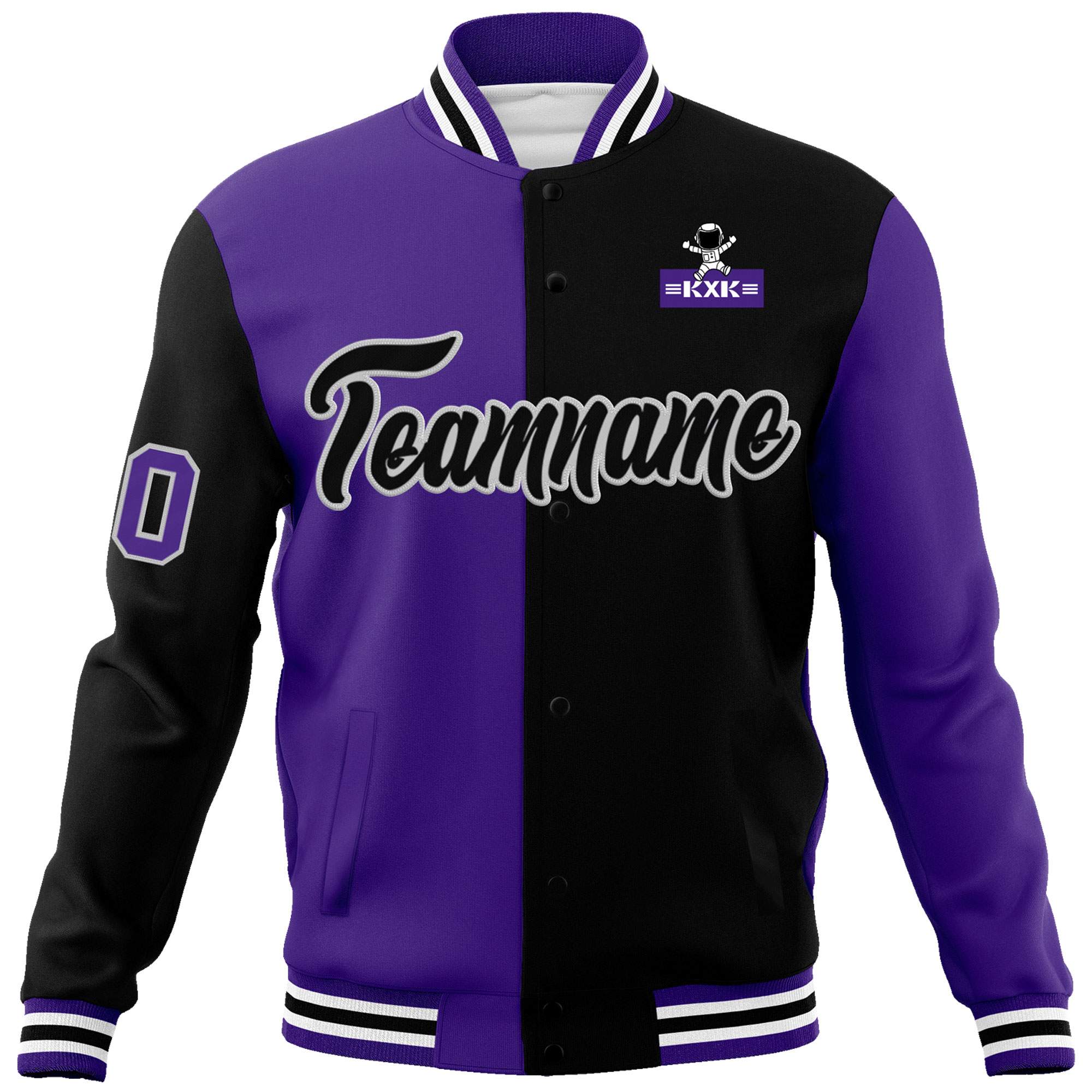 Custom Purple Black Two Tone Split Fashion Varsity Letterman Jacket with Raglan Sleeves