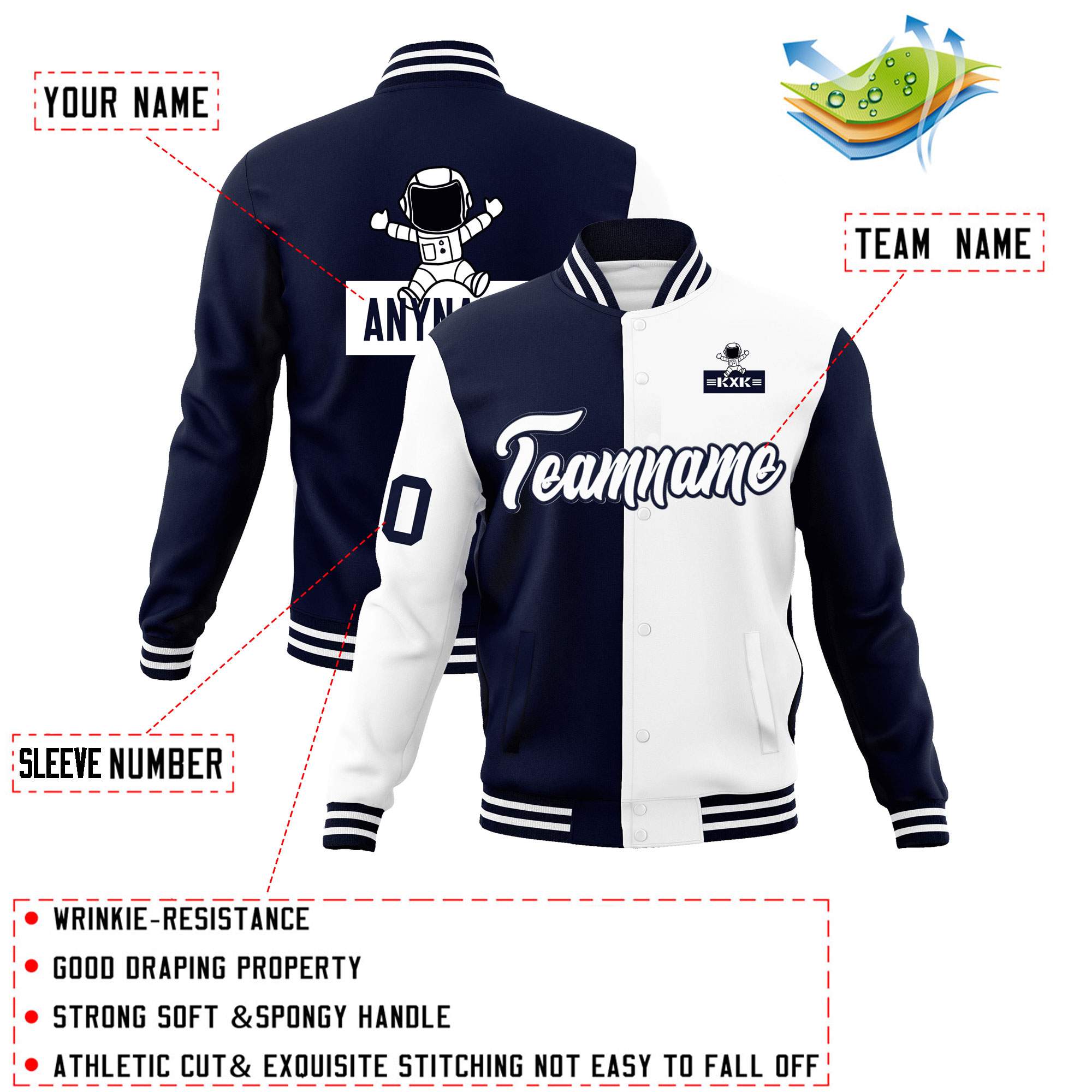 Custom Navy White Two Tone Split Fashion Varsity Letterman Jacket with Raglan Sleeves