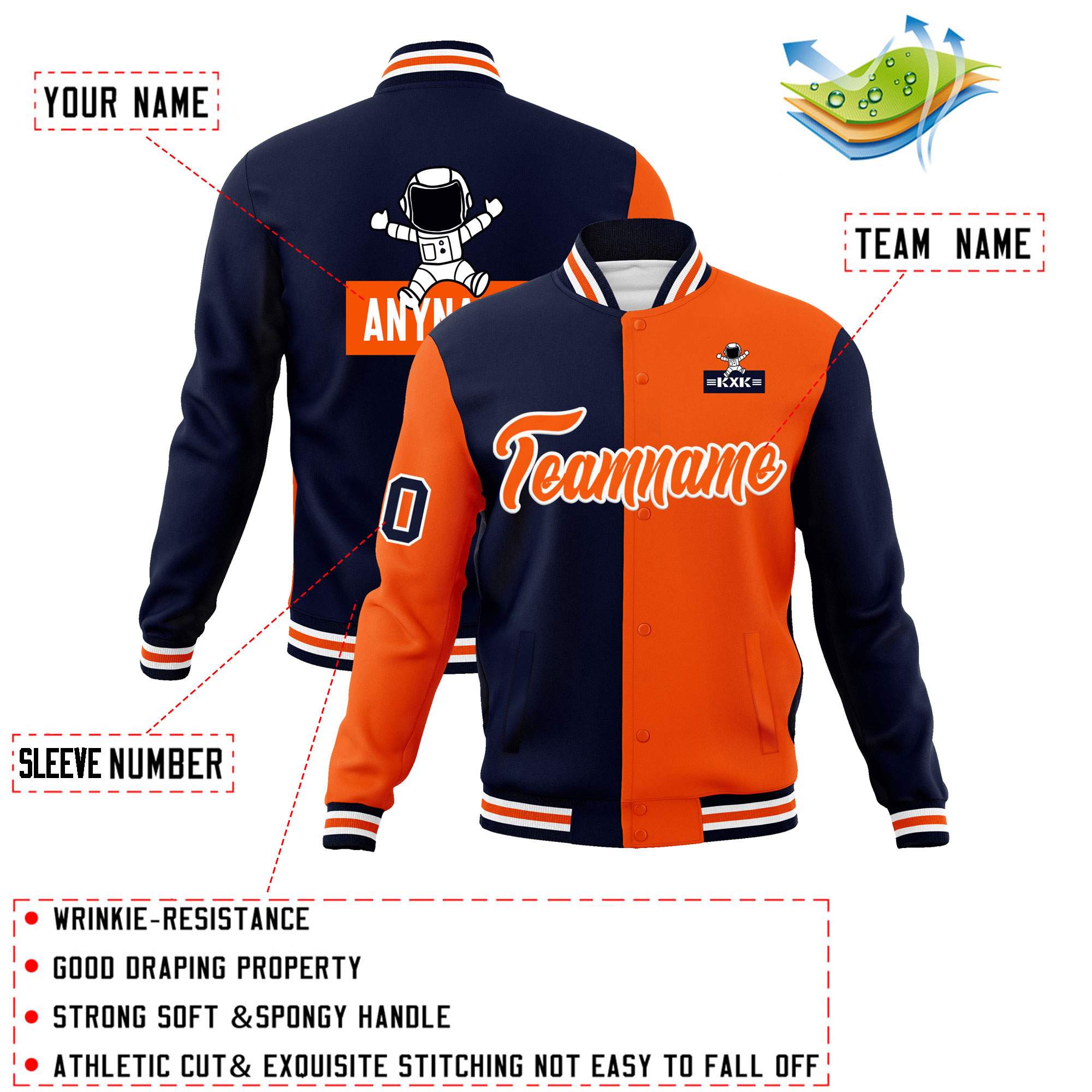 Custom Navy Orange Two Tone Split Fashion Varsity Letterman Jacket with Raglan Sleeves