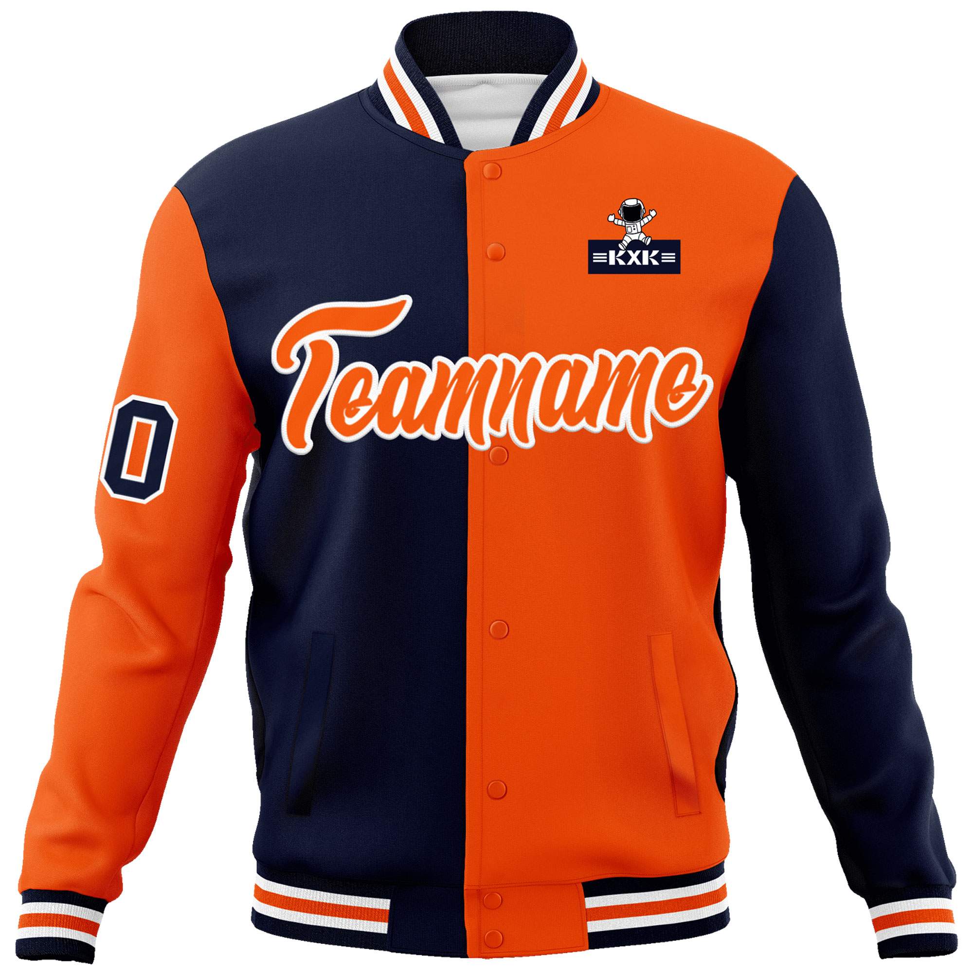 Custom Navy Orange Two Tone Split Fashion Varsity Letterman Jacket with Raglan Sleeves