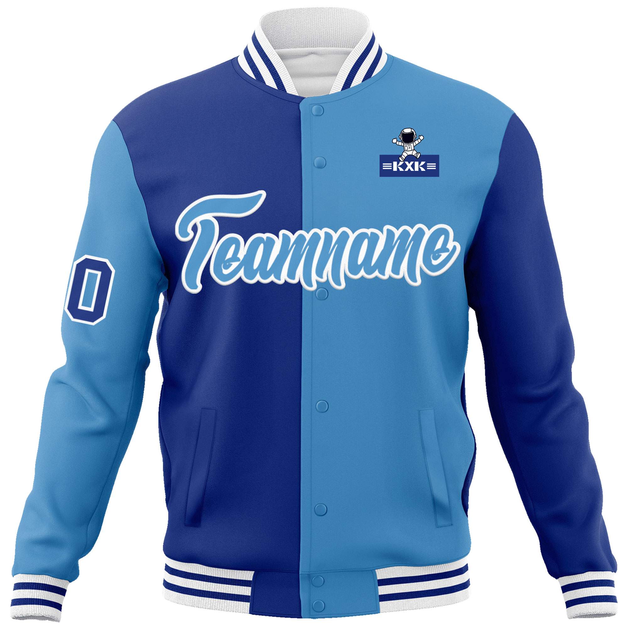 Custom Royal Light Blue Two Tone Split Fashion Varsity Letterman Jacket with Raglan Sleeves