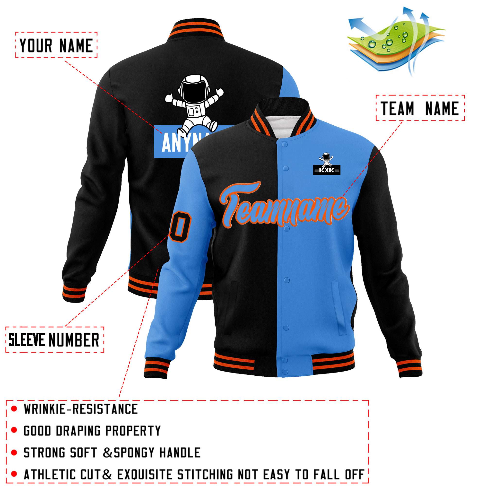 Custom Black Powder Blue Two Tone Split Fashion Varsity Letterman Jacket with Raglan Sleeves