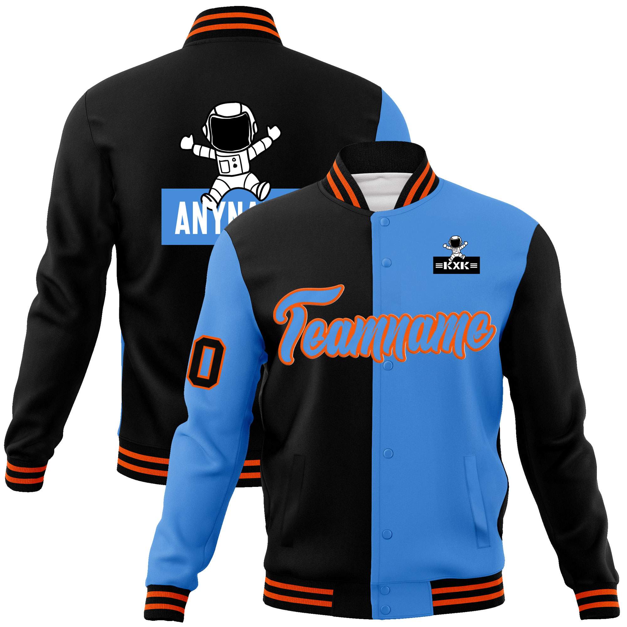 Custom Black Powder Blue Two Tone Split Fashion Varsity Letterman Jacket with Raglan Sleeves