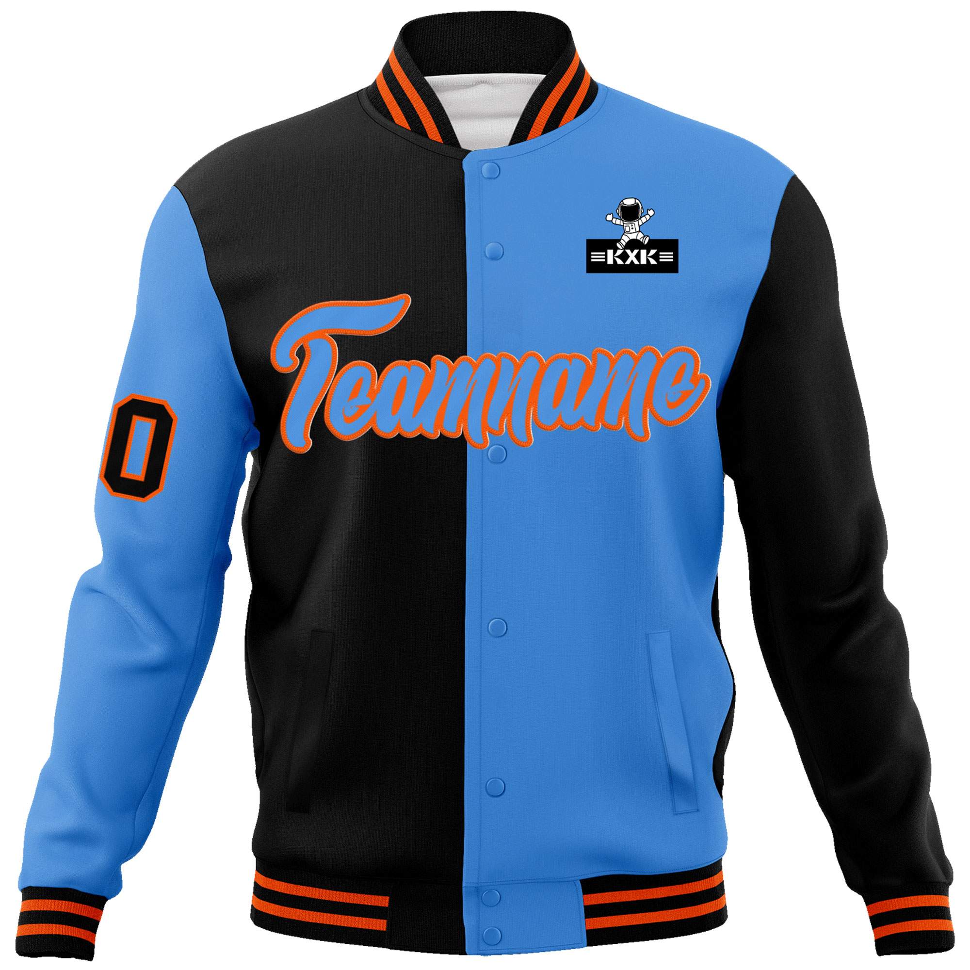 Custom Black Powder Blue Two Tone Split Fashion Varsity Letterman Jacket with Raglan Sleeves