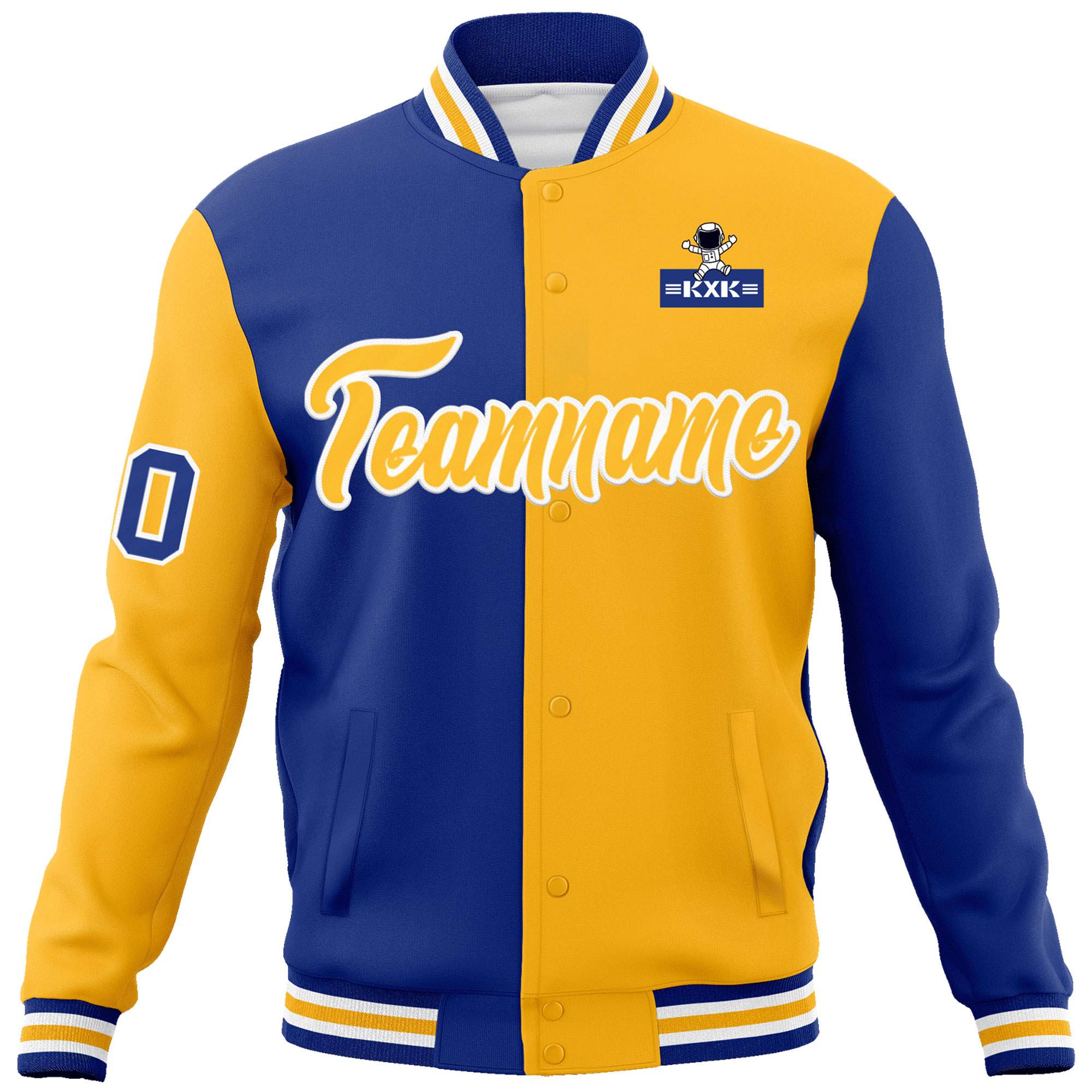 Custom Royal Gold Two Tone Split Fashion Varsity Letterman Jacket with Raglan Sleeves